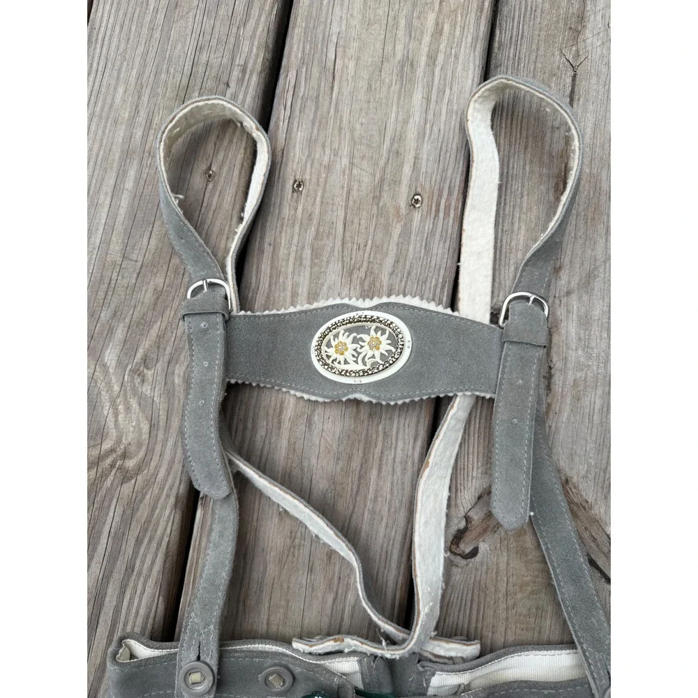 Genuine‎ Austrian Lederhosen Shorts Gray Green Embroidered Oktoberfest Size 12